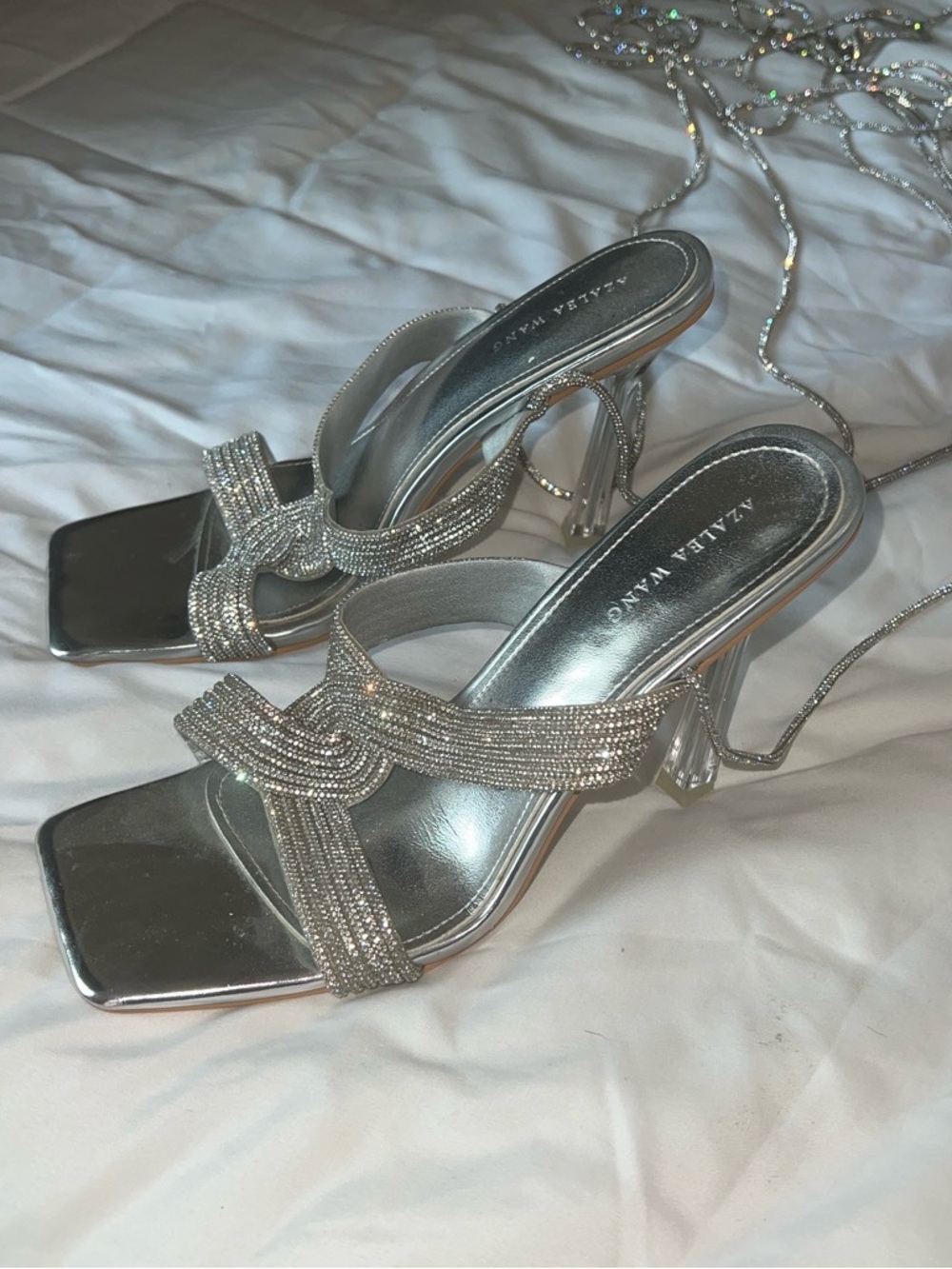Azalea Wang Silver Rhinestone Lace-Up Heeles